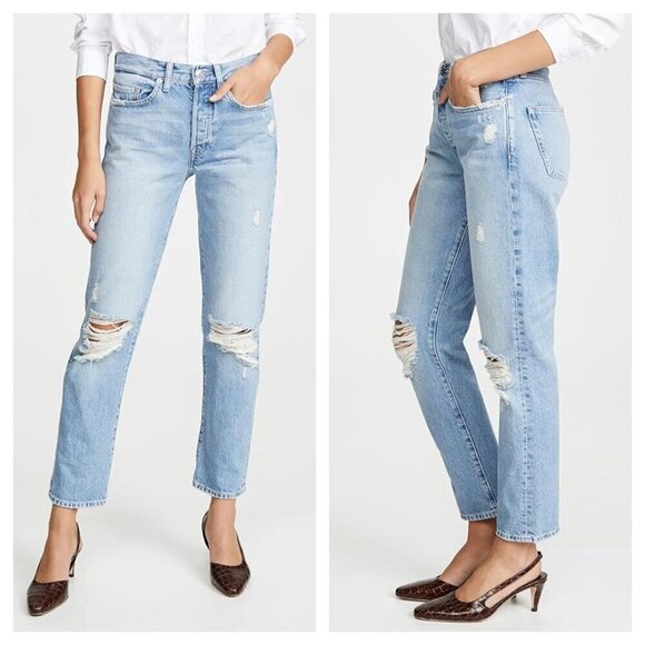 EDWIN Cai Classic Straight Distressed Jeans Ripped Knees Light Wash Blue Size 24 - Picture 1 of 10